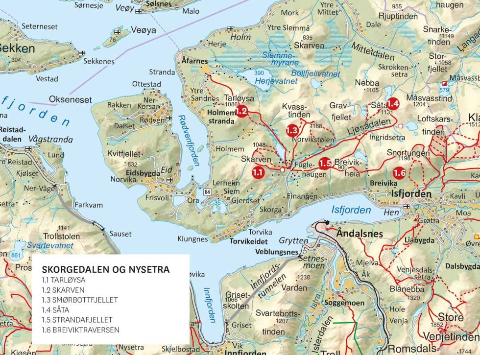 Oversiktskart med inntegnet rute. Fra Toppturer i Romsdalen Skorgedalen-Nysetra-Toppturer-i-Romsdalen-Oversiktskart