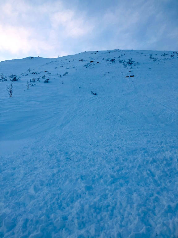Skredet gikk i det bratte terrenget ved løypa Eksperten. Det stikker opp stein flere steder i skredbanen. snøskred Trysil eksperten snømasser