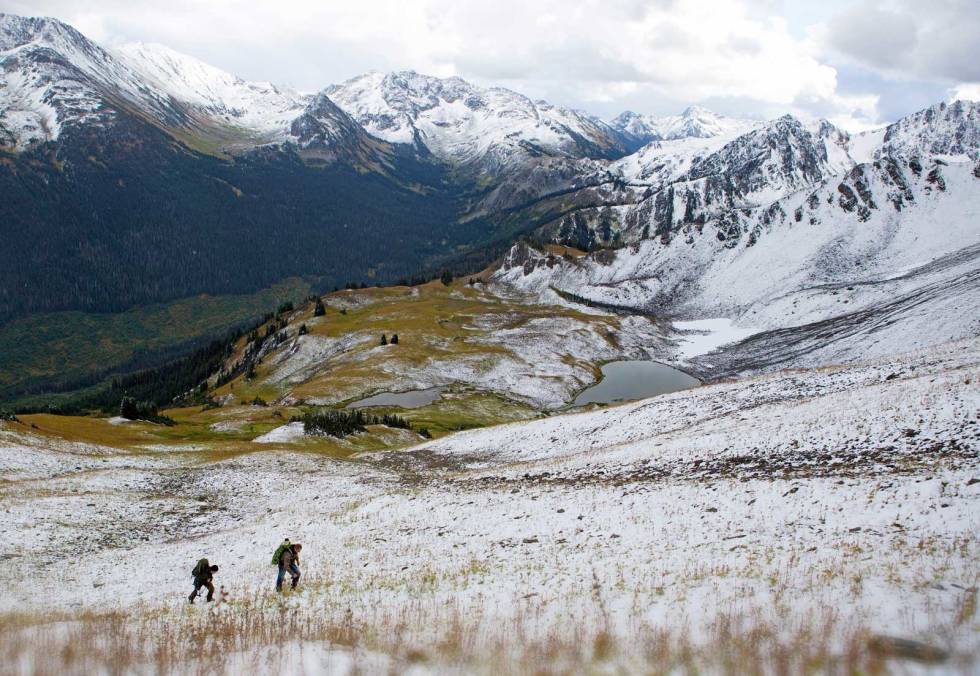 Oppad, fremmad: Da jegerne oppdaga geitene første gang, sto dyra helt nede på gresskråningene under fjellhammerne. Det så lett ut, men det ble det slett ikke. Snøgeit-jakt-i-Canada-3