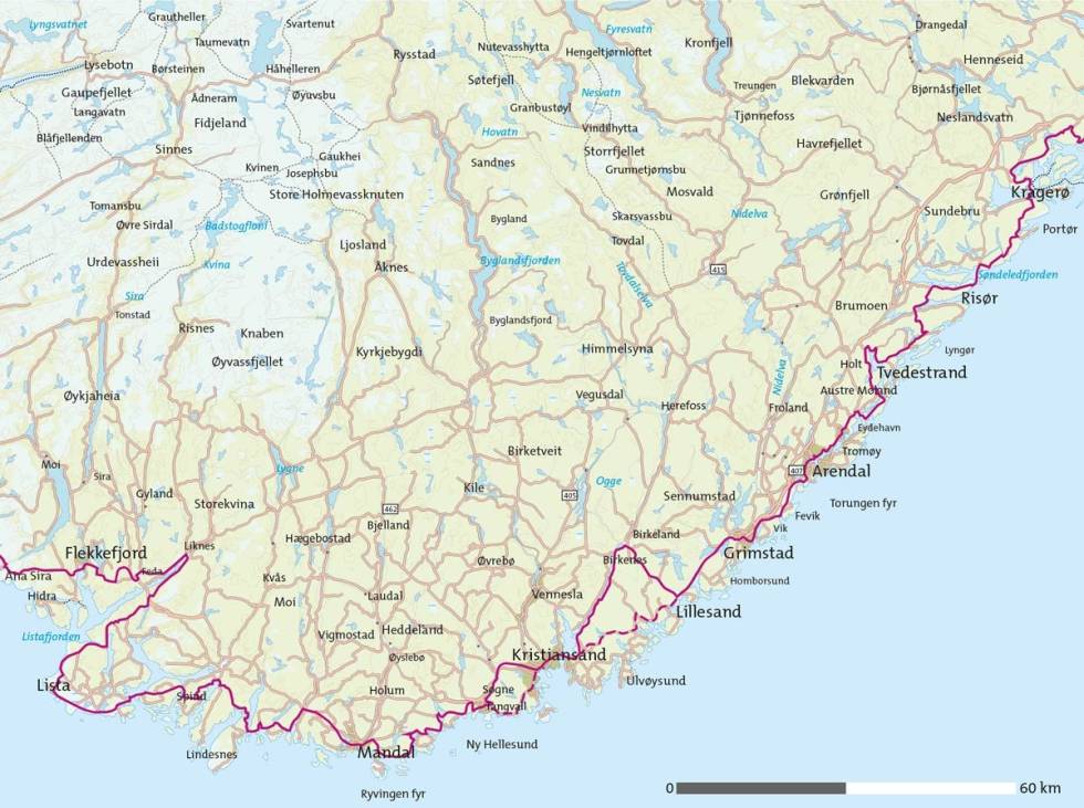 Sørlandet-på-sykkel-Kart