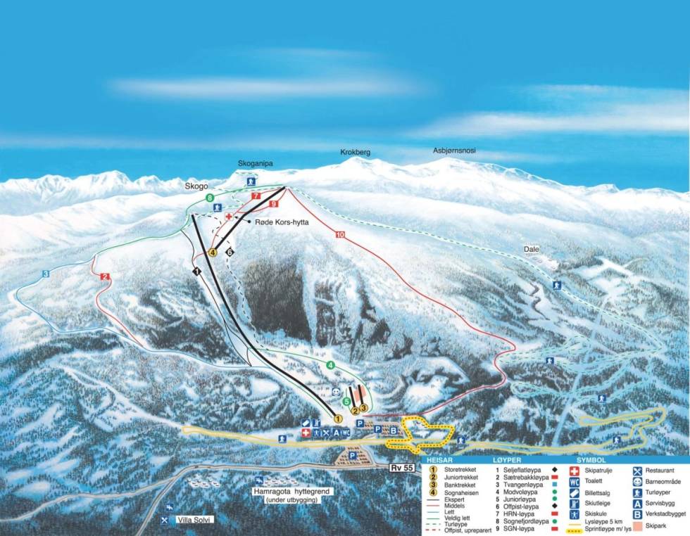 Norges lengste poma-heis og forhåndsmarkert offpisteløype utgjør Sogn skisenter sitt løypekart Sogn Skisenter Hafslo Luster Heggemyrane