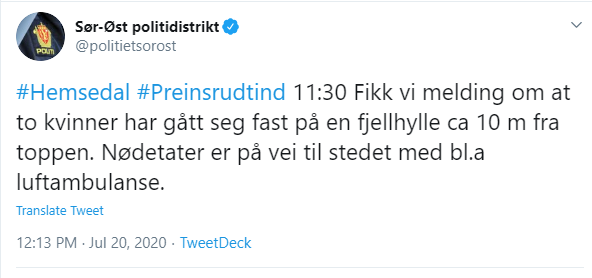 Politiet på twitter. Foto: Skjermdump politiet twitter melding