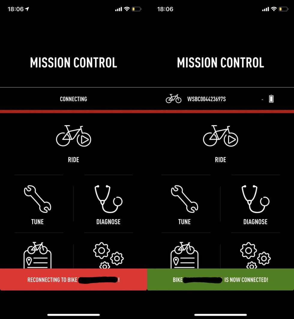 KOBLE TIL: Her har vi koblet til vår elsykkel. elsykkel specialized mission control app