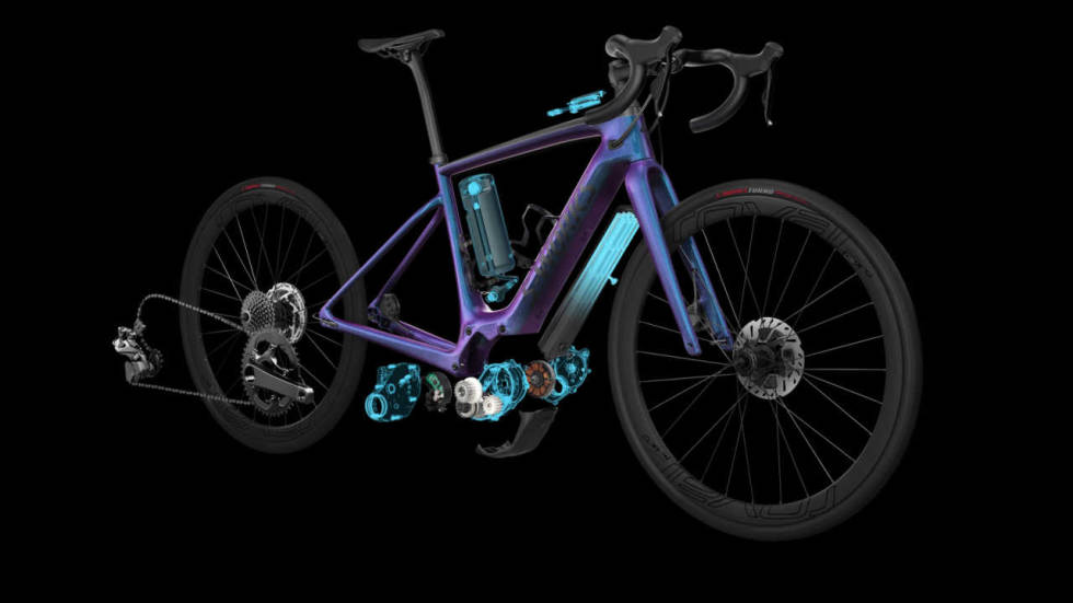 AVANSERT: Specialized har selvsagt lansert el-racere. Her er en litt mer detaljert oversikt over hele sykkelen. Foto: Specialized. specialized creo el-racer