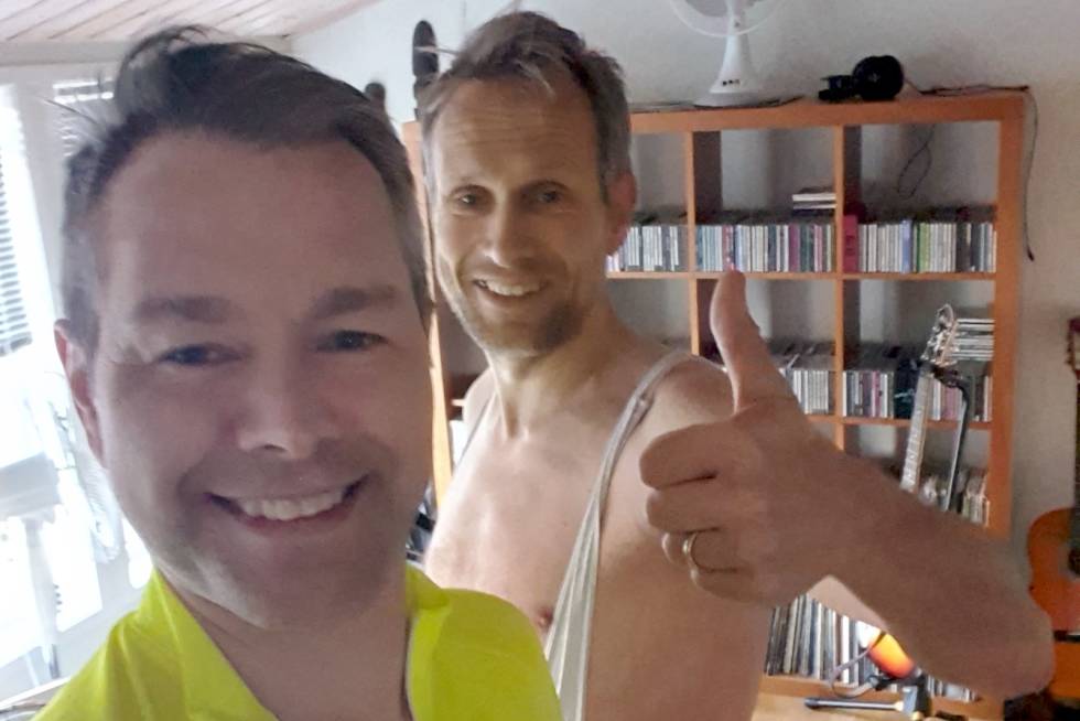FORNØYD: Stefan Jacobsen (til venstre) og Arne Hove etter sin første vEveresting Stefan Jacobsen og Arne Hove i Strava Climbing Challenge