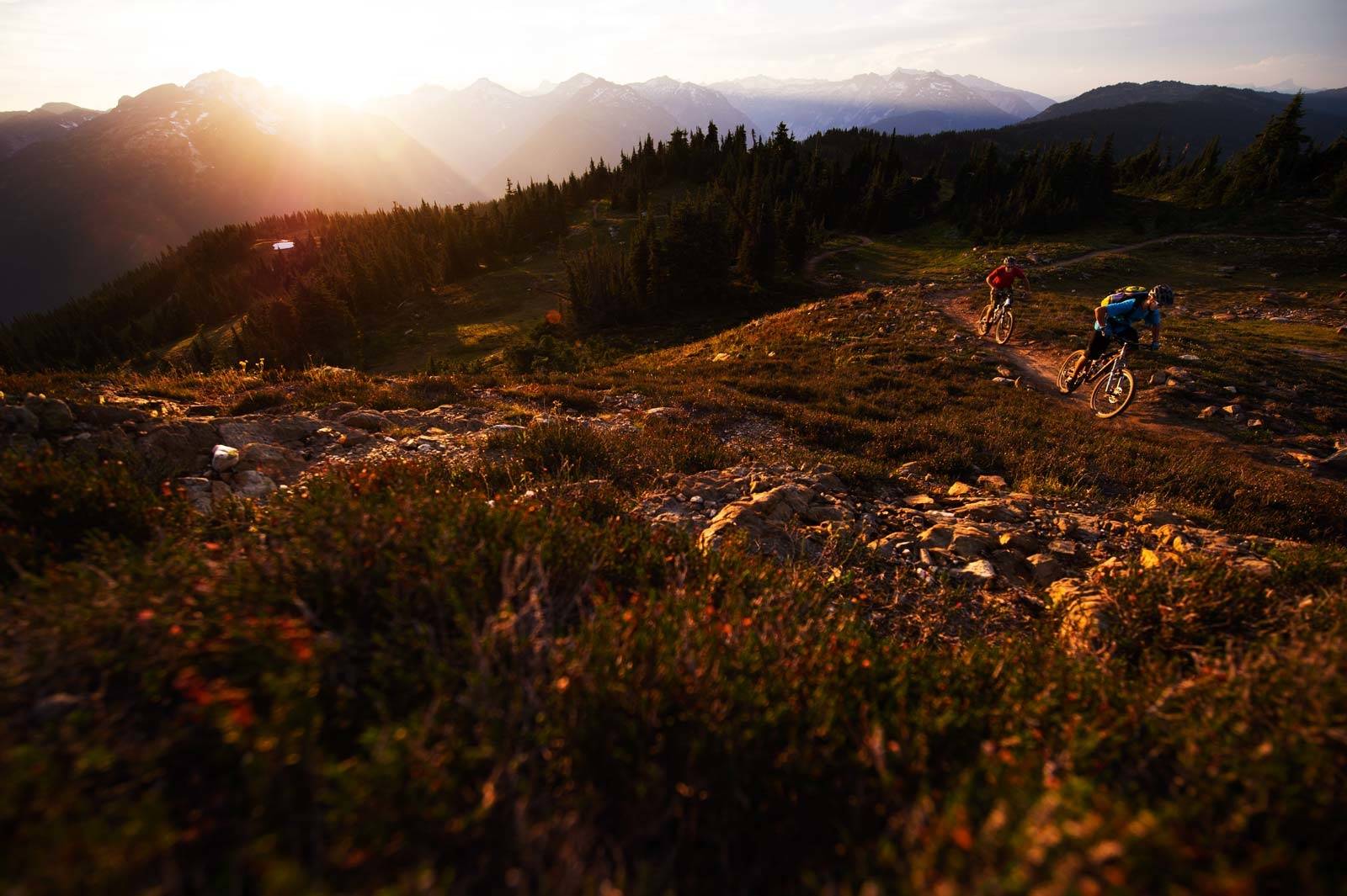 Revelstoka: Sykkelmiljøet i Revelstoke har utviklet seg raskt siden unge skikjørere etablerte seg her. Bruno Long og Sam Poarch gir gass opp Frisby Ridge Trail, et av høydepunktene i Revelstoke. Stisykling-guide-British-Columbia-Revelstoke-1