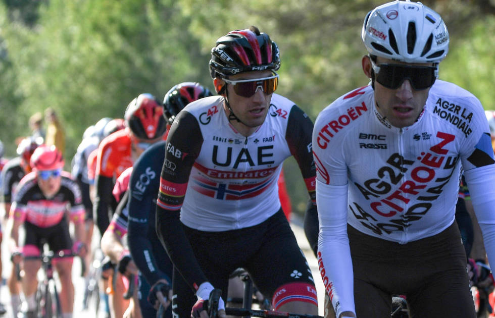 JOBBET I FELTET: Sven Erik Bystrøm (på bildet) og Vegard Stake Laengen gjorde begge mye jobb for UAE Team Emirates i front av feltet på etappen. Foto: Cor Vos sven erik bystrøm tour de la provence