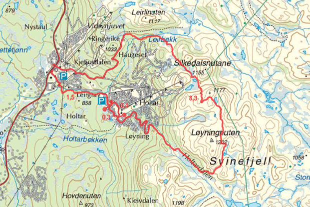 Kart for turen Holtardalen svinefjell turguide Rauland kart