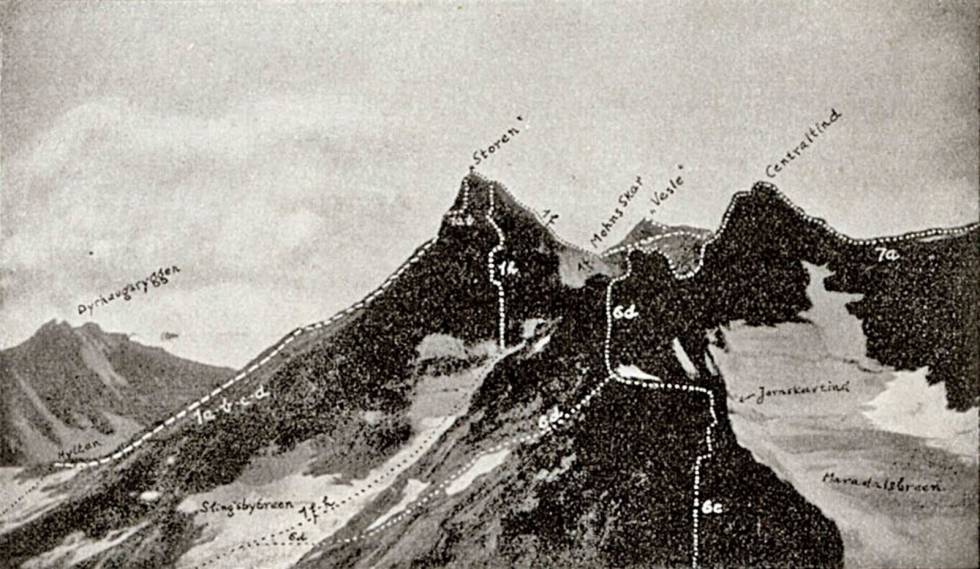 Faksimile: Fra Ntk's klatrefører (1915) med inntegning av ruta opp sydveggen. Sydveggen-3