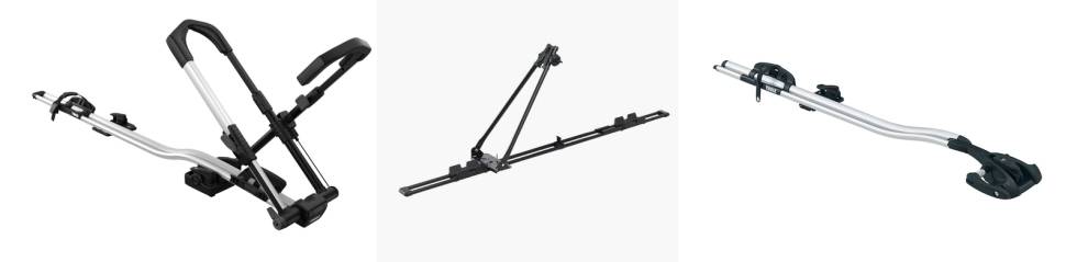 SYKKELSTATIV TIL TAK: Takstativene for sykkel kan se like ut, men det finnes forskjellige varianter med forskjellige typer montering av sykkelen. Her vist ved stativer fra Thule og Biltema. Foto: Thule/Biltema sykkelstativ takstativ bil terrengsykkel thule biltema