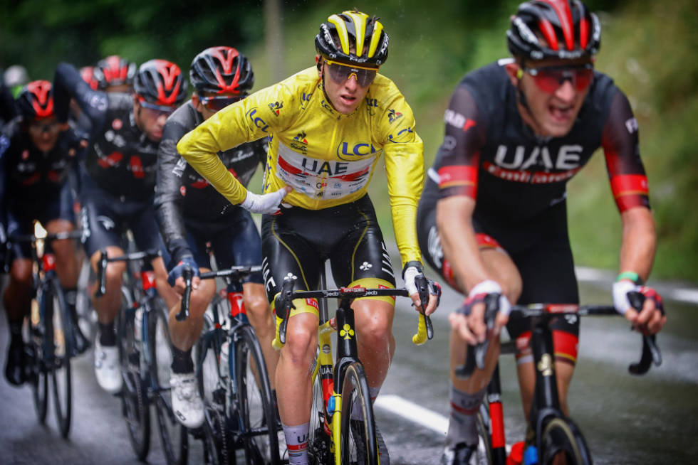 INEOS FORSØKTE: Men Tadej Pogacar hadde god kontroll. Foto: Cor Vos tadej pogacar, tour de france(5)