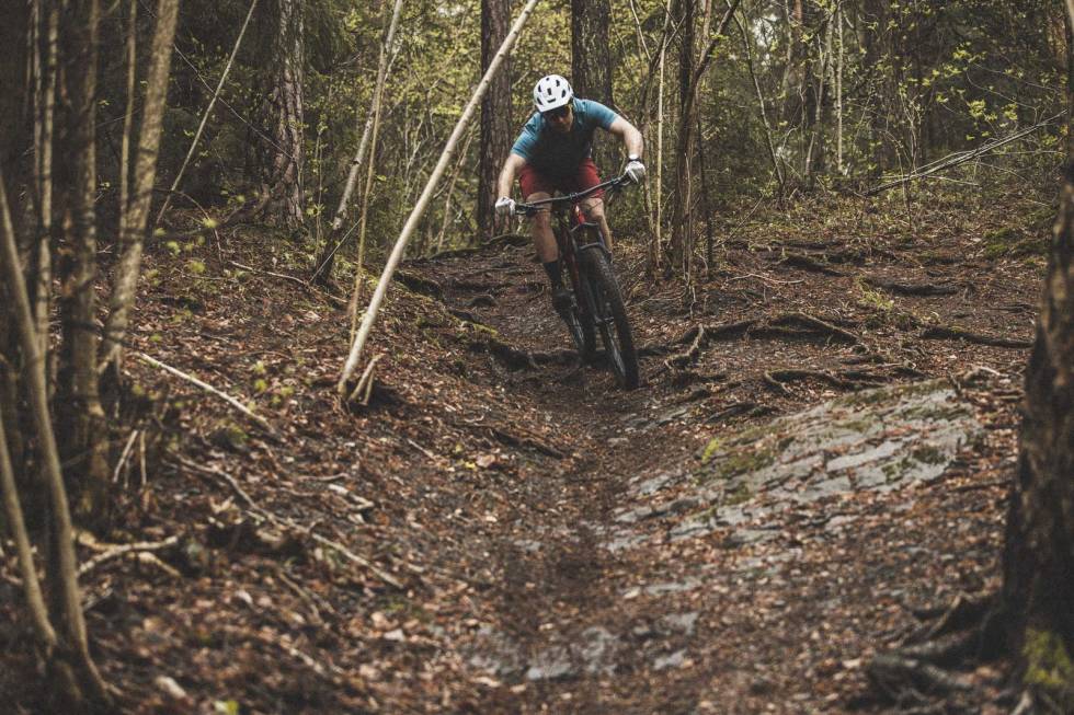 STØDIG: Ned bratte bakker med røtter og steiner gir bredt styre og langt frontparti god kontroll. Foto: Øyvind Aas. test specialized comp 2021