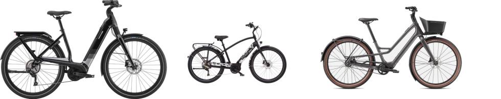 BYSYKLER: Både (f.v)Cannondale Mavaro, Electra Path Go og Specialized Turbo Como SL er typiske urbane elsykler. tips guide elsykkel 2021 bysykkel