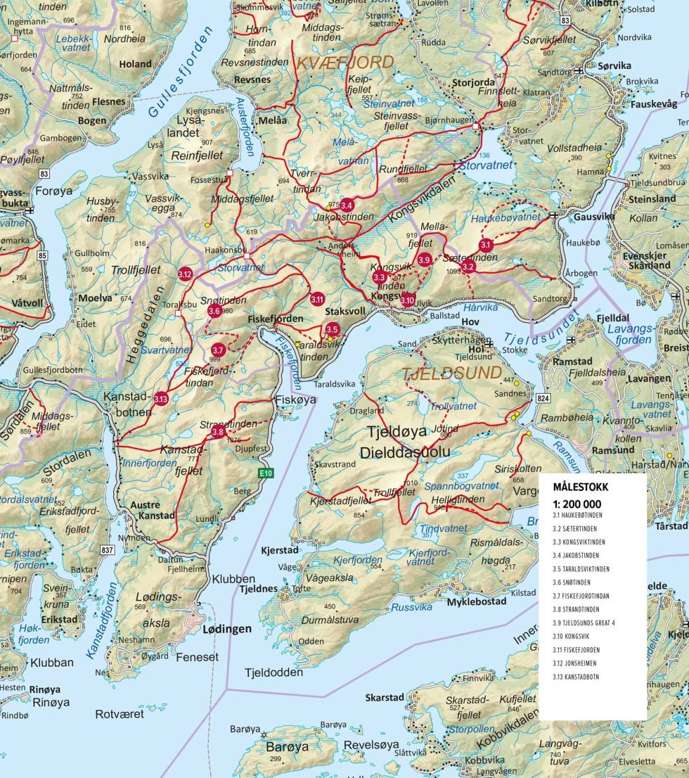 Oversiktskart med inntegnet rute. Fra Toppturer rundt Harstad Tjeldsund-oversiktskart