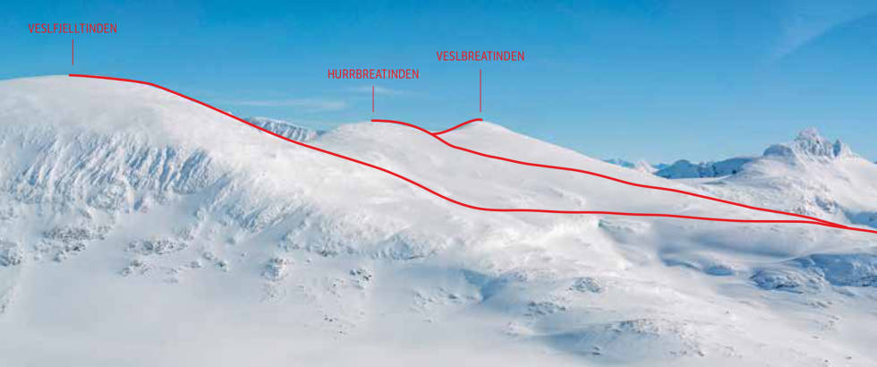 TRE ENKLE: Veslfjelltinden, Hurrbreatinden og Veslbreatinden er turer hvor du kan følge ruter med terrengklasse 1-Enkelt. Foto: Gjermund Nordskar Toppturer-Krossbu-Jotunheimen-2