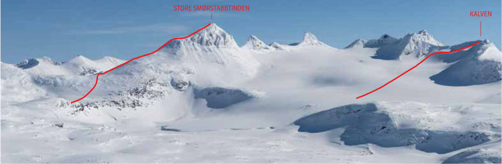 SMØRSTABBTINDANE: Store Smørstabbtinden er en middels krevende tur, mens naboen Kalven er noe lettere tilgjengelig – men ruta går gjennom breterreng. Toppturer-Krossbu-Jotunheimen-3