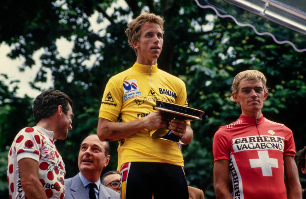 TIL TOPPS: LeMond vinner til slutt, med lagkamerat Hinault på annenplass. Foto: Cor Vos tour de france, greg lemond, bernard hinault