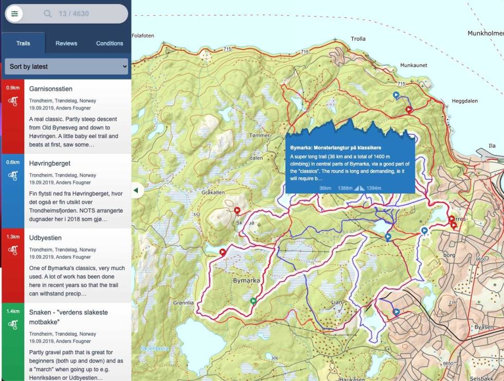 FINNE STIER: Dette er bare noe av det appen Trailguide skal kunne brukes til. Foto: Skjermdump stisykling trailguide