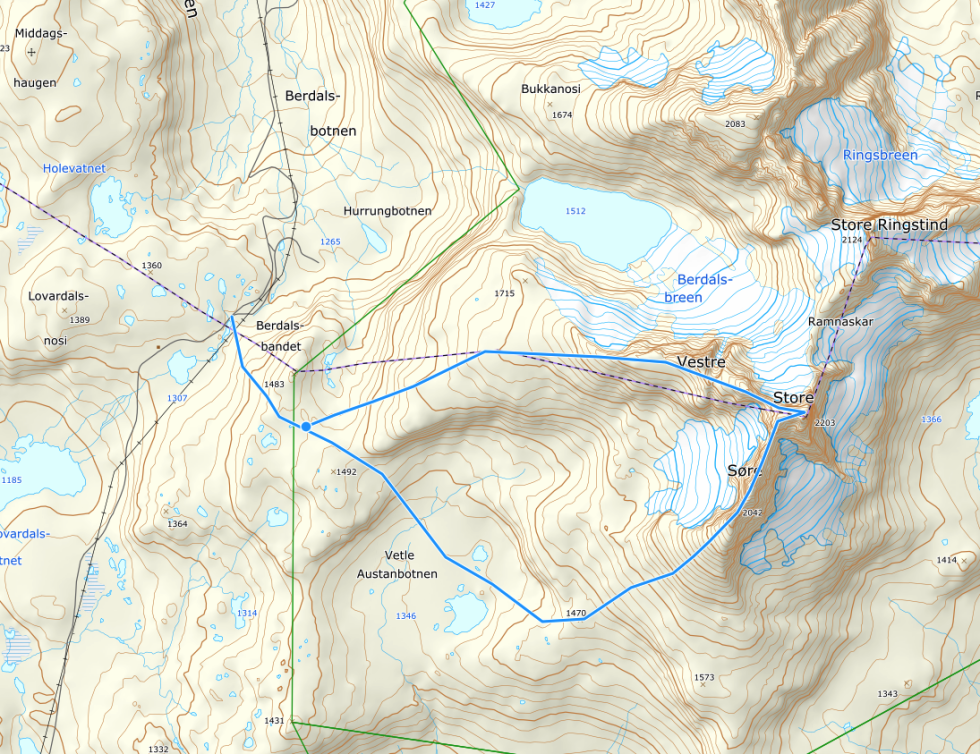 Inntegnet rute for Austabotntindtraversen. Kilde: Norgeskart traversen