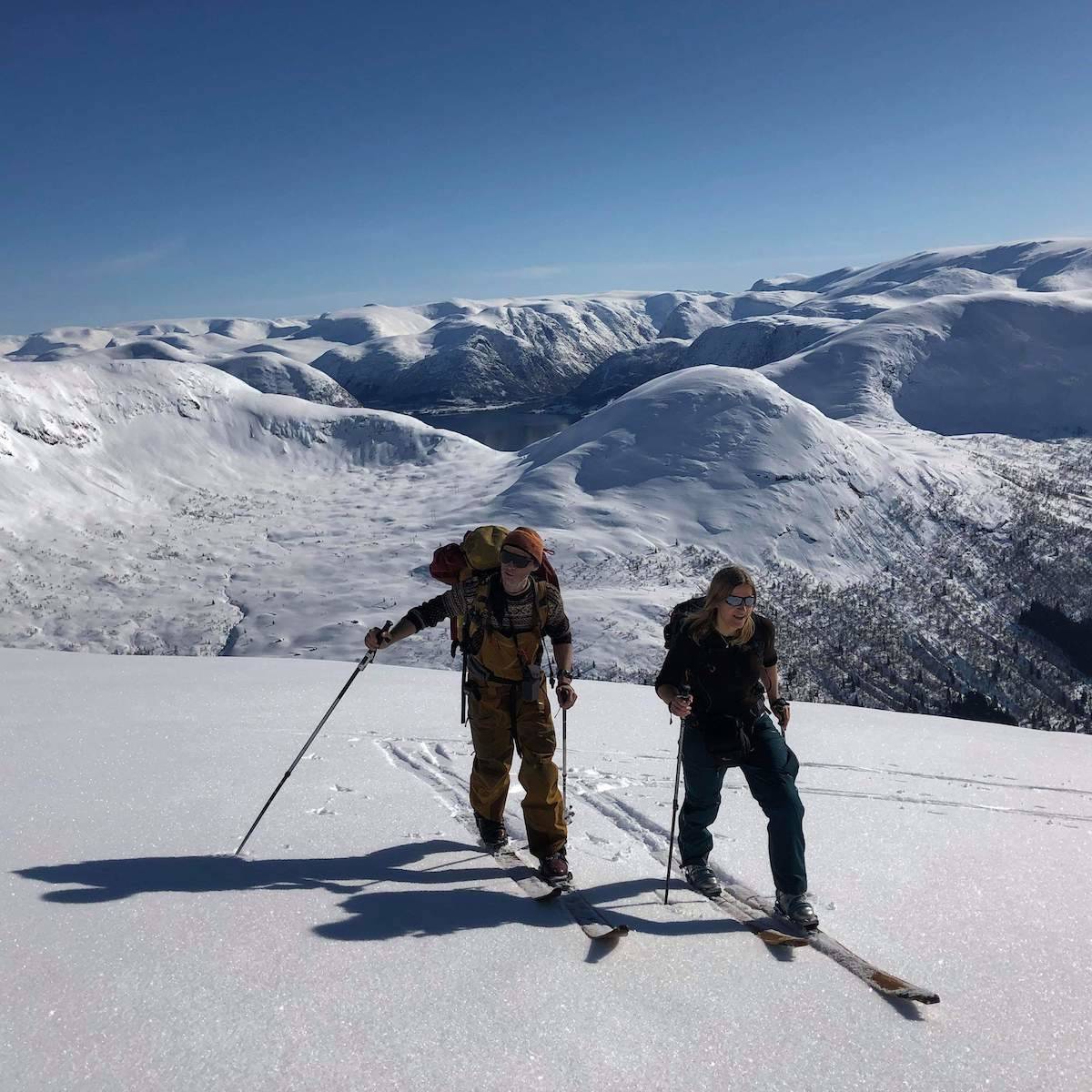 NATURLIG FESTE: I tørr snø gir treskiene greit feste uten feller. Her er Torje Bjellaas og Brit-Siv Fiimland på vei opp. Foto: Torje Bjellaas telemar treski pudder