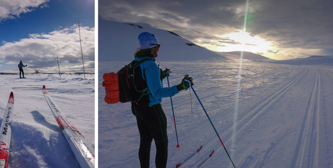 VEKSLENDE: Forholdene underveis tilsa at markaski eller fjellski hadde vært bedre i enkelte partier. Sola titter over horisonten rett før Peer Gynt-hytta. Foto: Matti Bernitz Pedersen trolløypa skitur langrenn