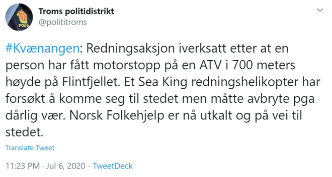 Fra twitterfeeden til Troms politidistrikt politi twitter utemagasinet redningsaksjon