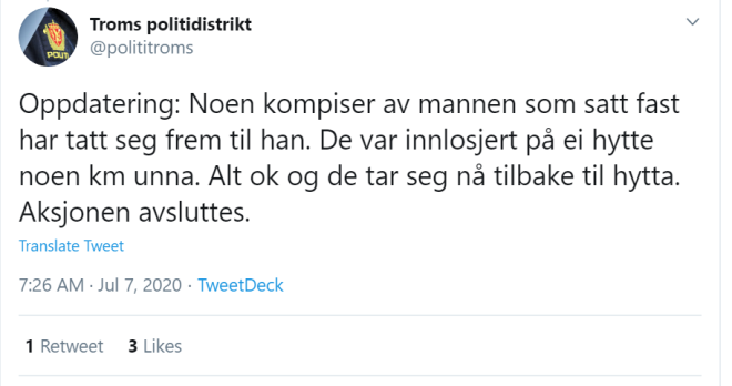 Redningsaksjonen ble avsluttet i morges. Redningsaksjon politi twitter