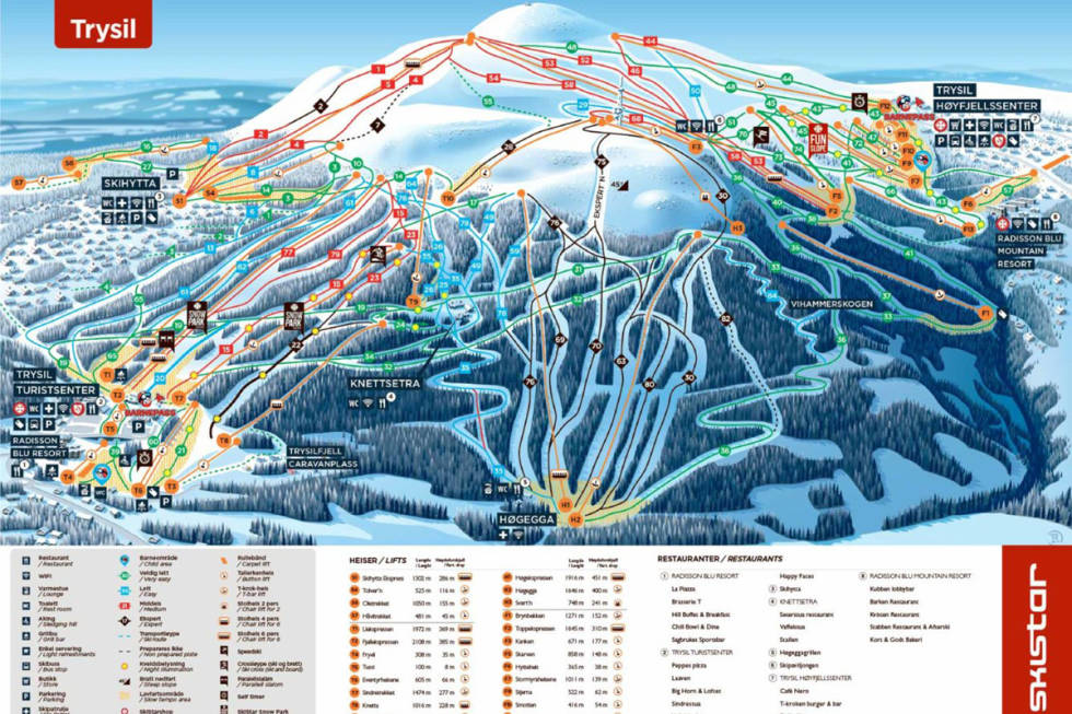 Norges største anlegg er faktisk en sammenslåing av anleggene på nord- og sørsida. Løypekart piste map alpint ski snowboard trysil freeride info fri flyt