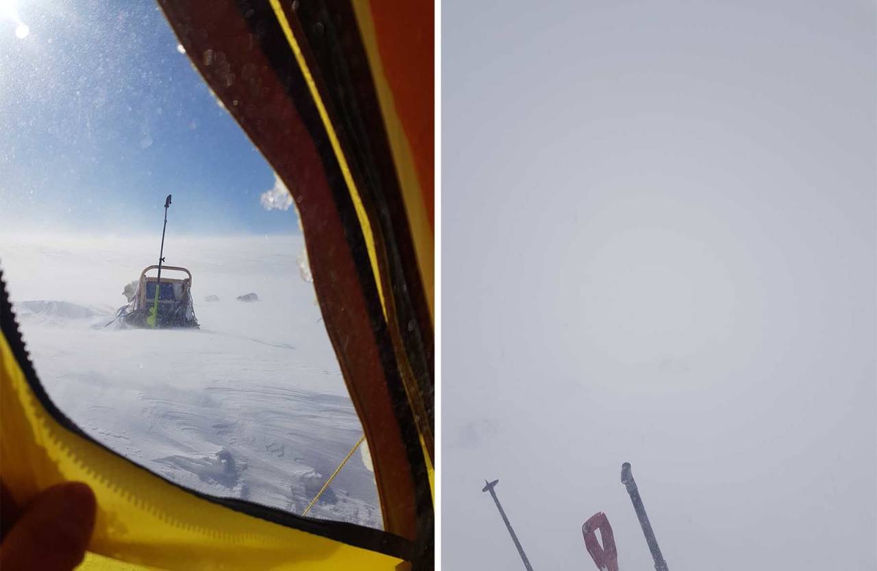 MORGENSTUND: Vi våkner til økende vind og sno i lufta. Foto: Kjell-Harald Myrseth snøstorm Dividalen Finnmark vidda hundekjøring