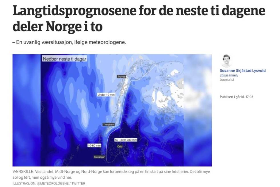 DYSTERT: Ingenting å hoppe i taket for, for halve landet. Foto: Skjermdump, yr.no værmelding sykkel høst
