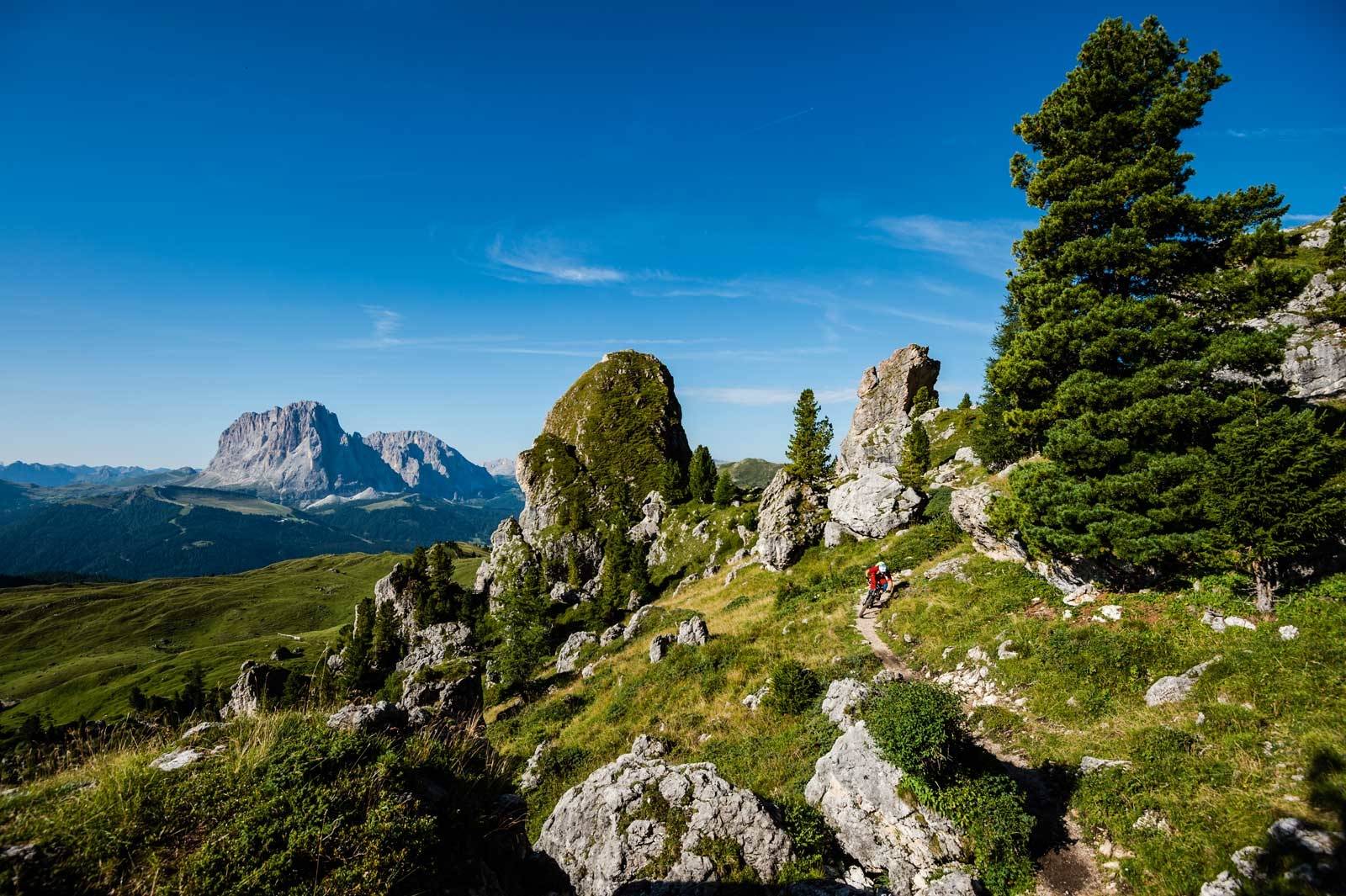VARIERT: Landskapet ved foten av Geisler er unikt. Store steinformasjoner i den frodige naturen og magiske stier som slynger seg ned fra fjellet. Tobias Woggon setter fart ned fra Seceda. Val-Gardena-Stisykling-i-alpene-4