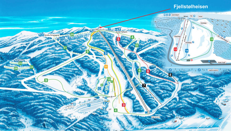 Solsida har høy resort-faktor med ski in/out-hytter og flere serveringer. Valdres alpinsenter beitosølen jotunheimen aurdal skisenter løypekart alpint snowboard fri flyt guide snowboard ski freeride