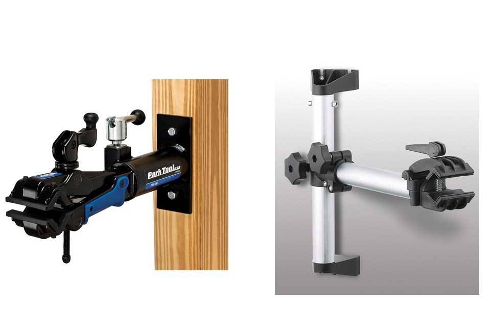 KOMPAKT: I noen boder kan det være hensiktsmessig med et mekkestativ som lar seg montere på veggen eller på en benk. Slik som dette fra Park Tool(t.v) eller et Boss S900 fra Bikeshop. Foto: Park Tool / Bikeshop veggmontert mekkestativ-sykkel