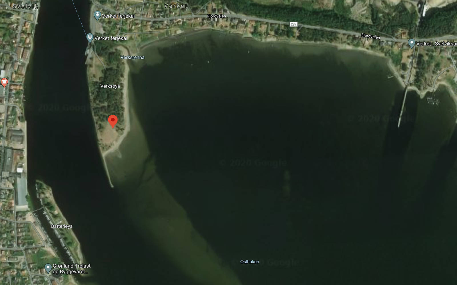 DRAMMENSFJORDEN: Kitespoten på Verket er det største samlingspunktet for kitere på Østlandet. Bilde: Google Verket Svelvik kite Drammensfjorden