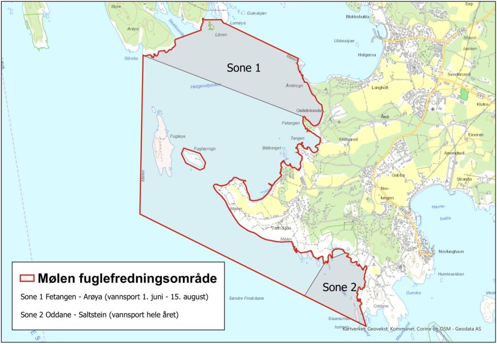MØLEN FUGLEFREDNING: Kart over verneområdet og forvaltningssonene ved Saltstein og Mølen. Kart over verneområdet og forvaltningssonene ved Saltstein og Mølen.