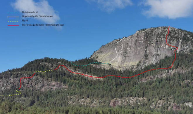 PLANEN: Via ferrataen er planlagt langs den røde streken i høyre kant av den sørøstveggen på Andersnatten. Foto: Sigdal aktiv via ferrata andersnatten