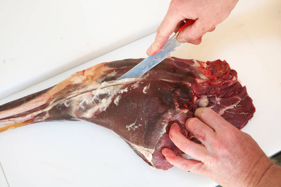 Beste biff: Flatbiffen er den møreste delen av låret, og bør nytes som den gode biffen den er. Skjær eller bruk fingrene langs hinnen/ linjen som utgjør skillet mellom flatbiffen og resten av låret. Viltkjøtt-Råyr-3