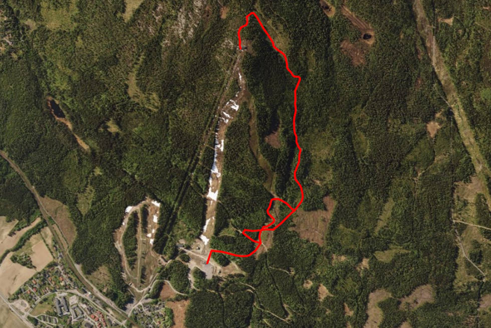 RANDOTRASEENE I VARINGSKOLLEN: Linjene som er markert i rødt er de oppmerkede randotraseene i Varingskollen. Foto: Varingskollen Alpinsenter VK Randonne trasse 1147x765