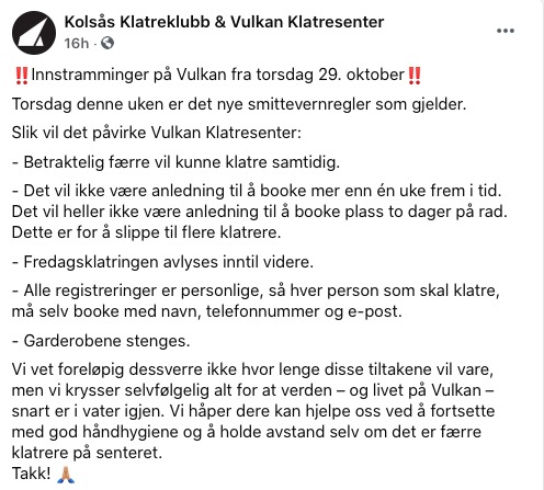 Facebook-innlegget til Vulkan onsdag 28.oktober Vulkan klatresenter