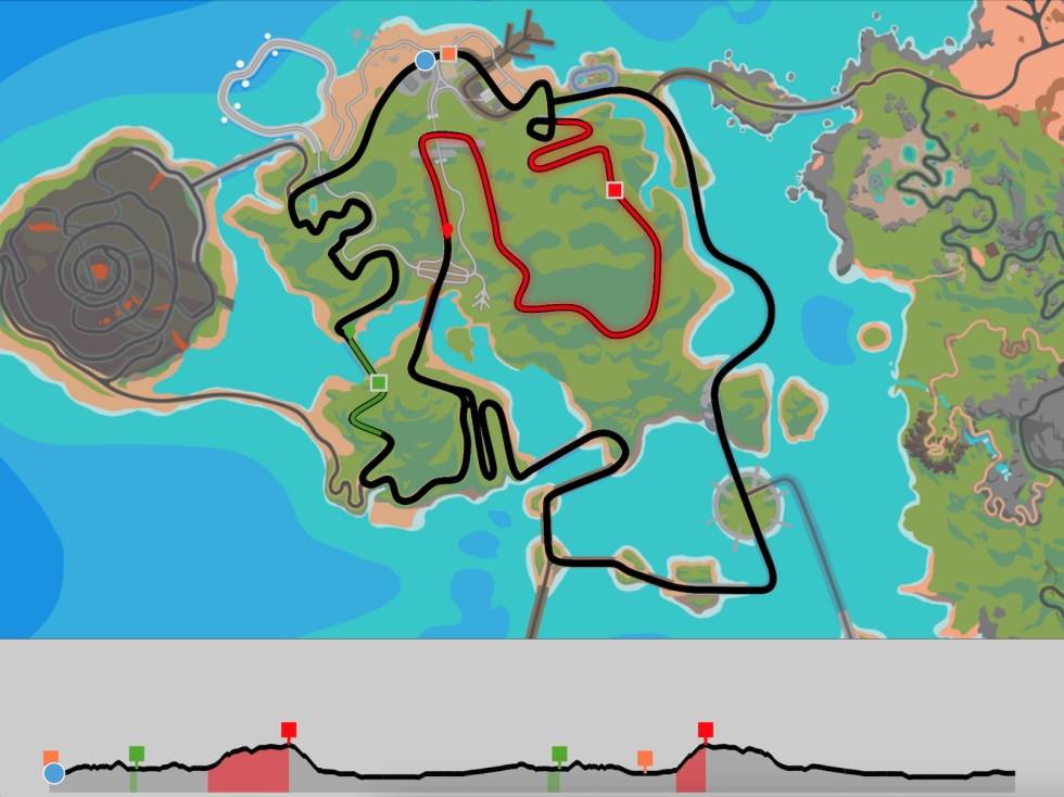 ZWIFT-VM 2020: Dette er løypa og løypeprofilen til Watopia Figure 8 reverse, løypa som skal brukes til Zwift-VM 9.desember. Illustrasjon: Zwift Zwift-VM 2020