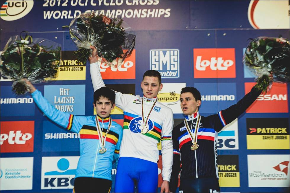 STARTET TIDLIG: De første almennkjente duellene mellom Van Aert og Van der Poel startet tidlig. Her fra junior-VM i cyclocross i Koksijde, 2012. Foto: Cor Vos. wout-van-aert-mathieu-van-der-poel-1