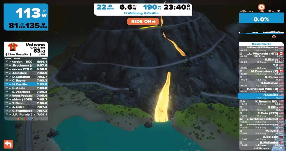 VULKANEN: I Wattopia er en diger vulkan den store utfordringen, i tillegg til Alpe du Zwift. Zwift-5