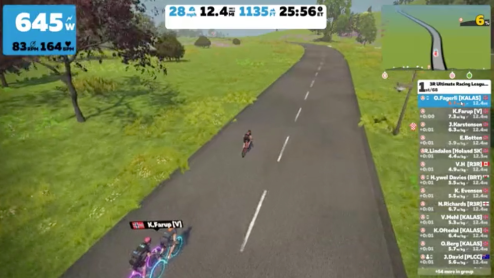 ZWIFT-RITT: Skjermdump fra ett av Zwift-rittene Ole Christian Fagerli. Ole Christian Fagerli Zwift favoritt-økt